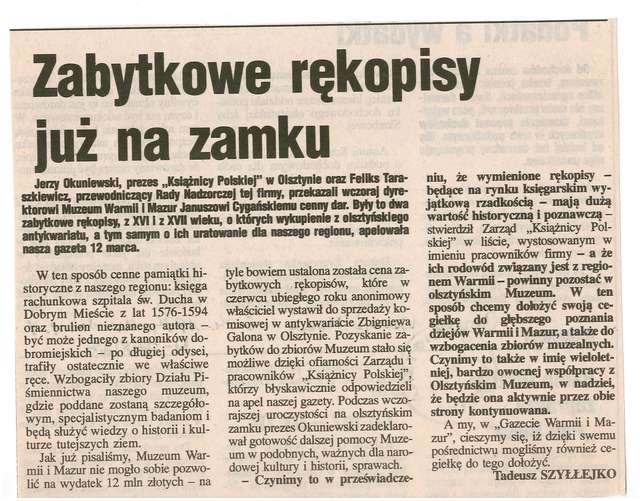 Prezes „Książnicy Polskiej” Jerzy Okuniewski i przewodniczący Rady Nadzorczej KP Feliks Taraszkiewicz przekazali do zbiorów Muzeum Warmii i Mazur dwa rękopisy.