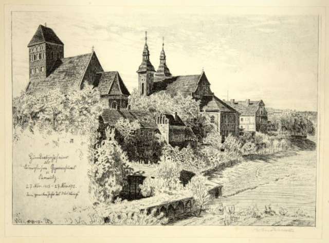 Widok Chojnic – akwaforta sygnowana przez Roberta Budzinskiego (1874–1955), artystę urodzonego w Sławce Małej pow. Nidzica. 