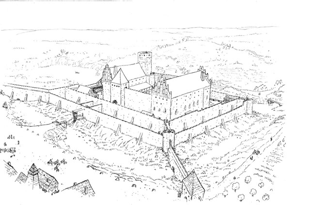 Szkic hipotetycznego wyglądu zamku w czasach Mikołaja Kopernika.  - full image