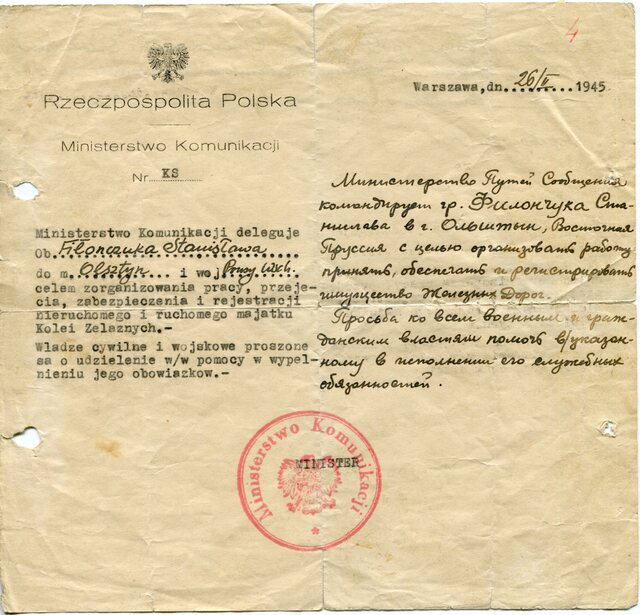 Delegacja Stanisława Fiłonczuka do pracy w Olsztynie, wydana przez Ministerstwo Komunikacji, Warszawa 26 II 1945 r. - full image