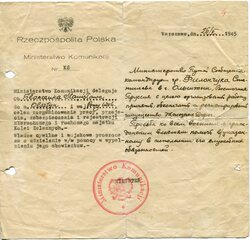 Delegacja Stanisława Fiłonczuka do pracy w Olsztynie, wydana przez Ministerstwo Komunikacji, Warszawa 26 II 1945 r.