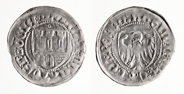 Szeląg ziem pruskich (skarb z Domkowa)
Kazimierz Jagiellończyk
1454-1457, mennica toruńska
srebro, średnica: 22 mm, waga: 1,65 g
